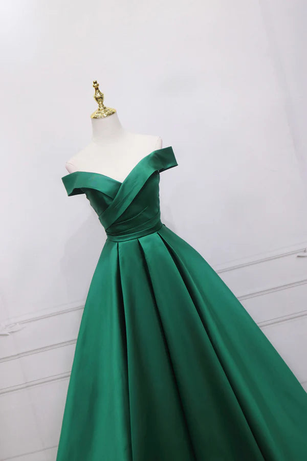 Wholesale Green Satin Long A-Line Prom Dress V-Neck Off the Shoulder Evening Dress